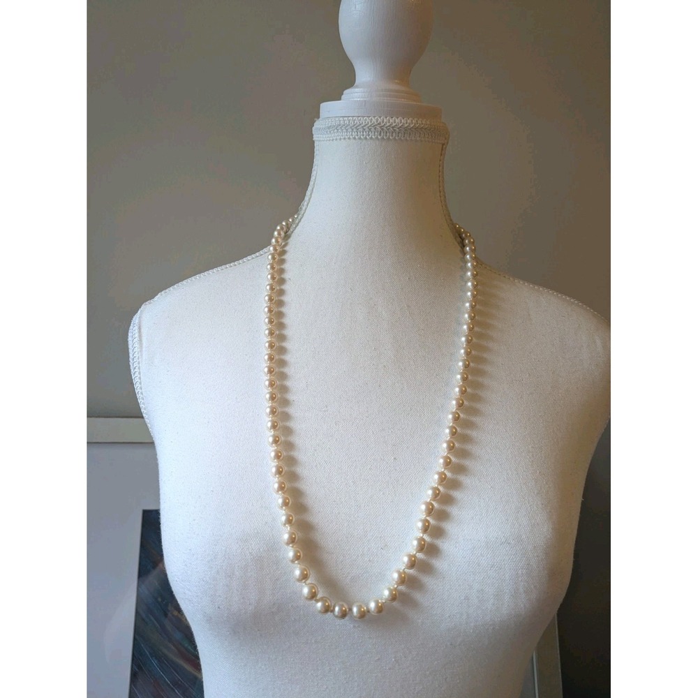Vintage Marvella Faux Pearl Necklace 28 Long Ivory Beaded Signed Classic Jewelry